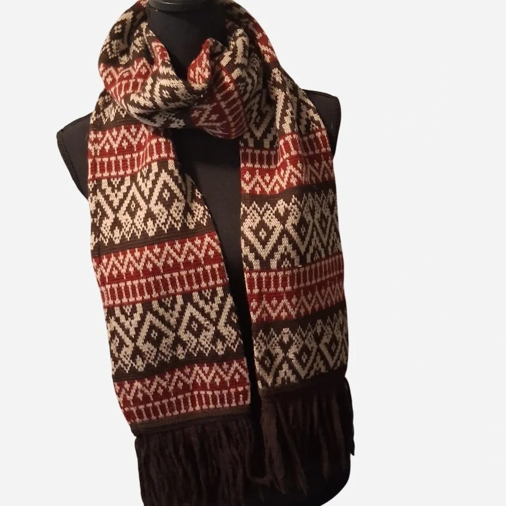 Mens Vintage 100% wool scarf with red, brown, and beige geometric